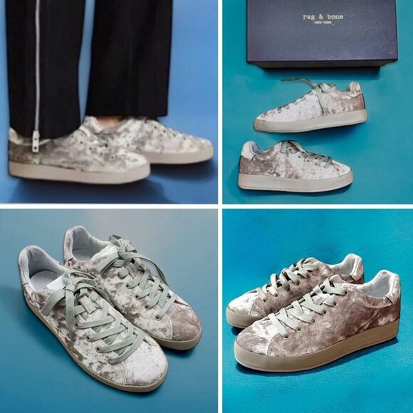 Rag & Bone Sneakers RB1 Low Top in Dove Crushed Velvet Silver Grey - Picture 9 of 17